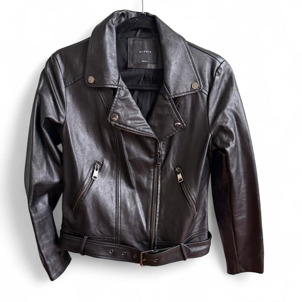 Elodie Black Faux Leather Moto Biker Jacket Belted Zip Size S